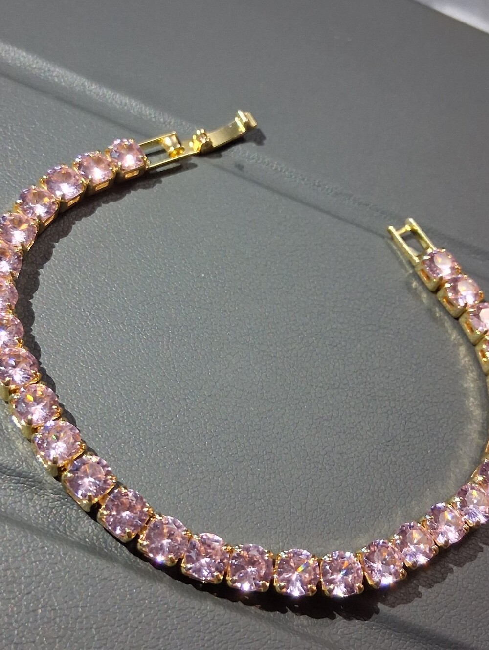 Gold Tennis Bracelet with Pink CZ - Picture 3 of 4